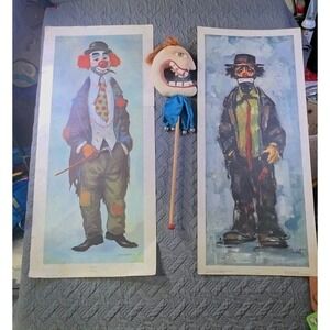 Vintage Ardisson & Bardot Sad Clown Print Hobo Clown Circus 33"×15" With Puppet